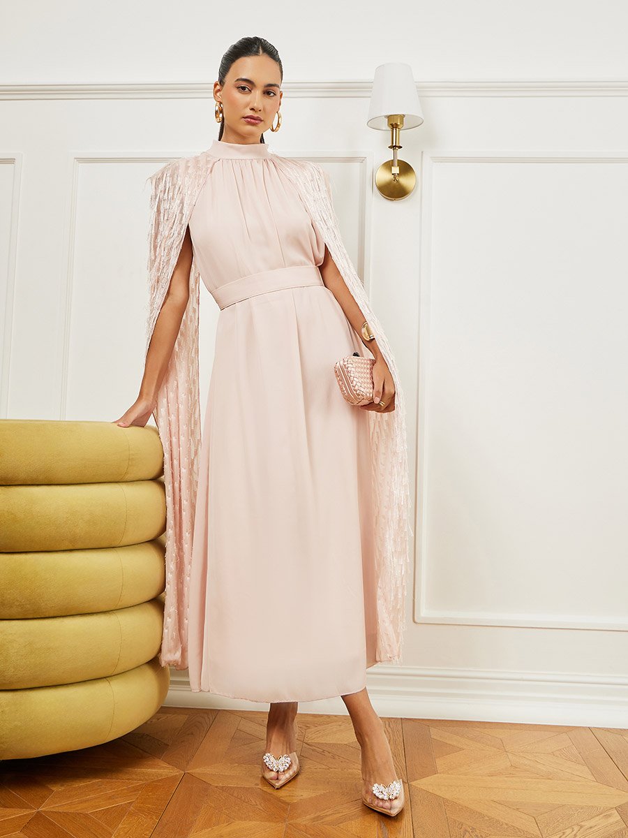 Light Pink Embellished Cape Maxi Dress For Women at Saudi | Styli