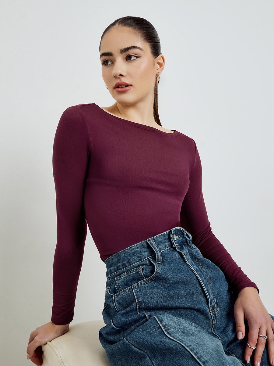 Burgundy Boat Neck Long Sleeve T-Shirt