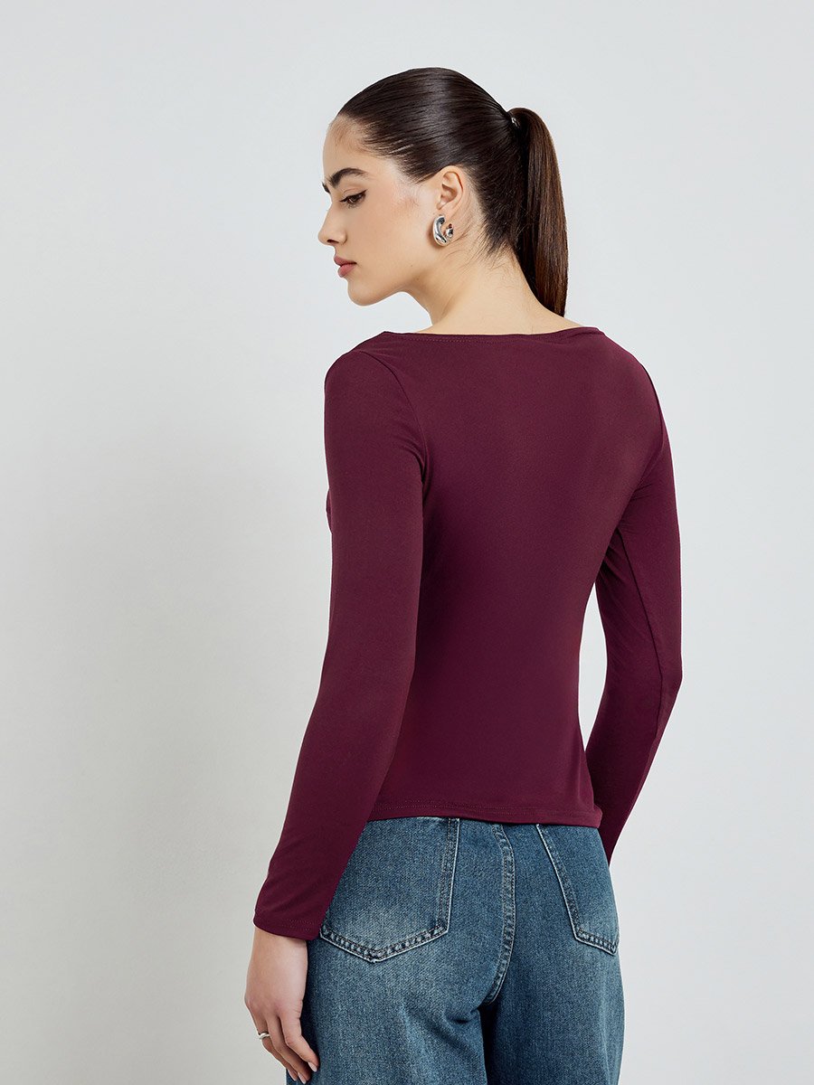 Burgundy Boat Neck Long Sleeve T-Shirt