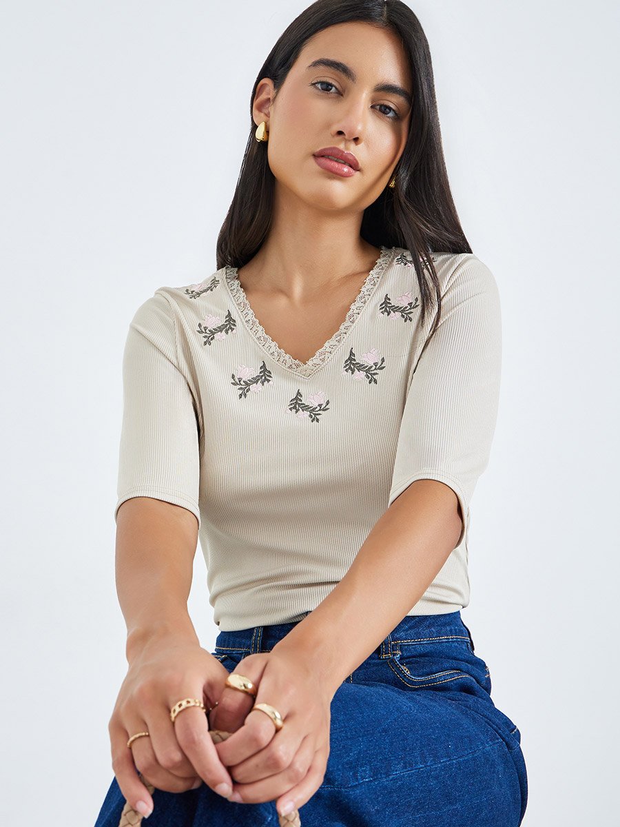 Beige Floral Lace Embroidery Fitted T-Shirt