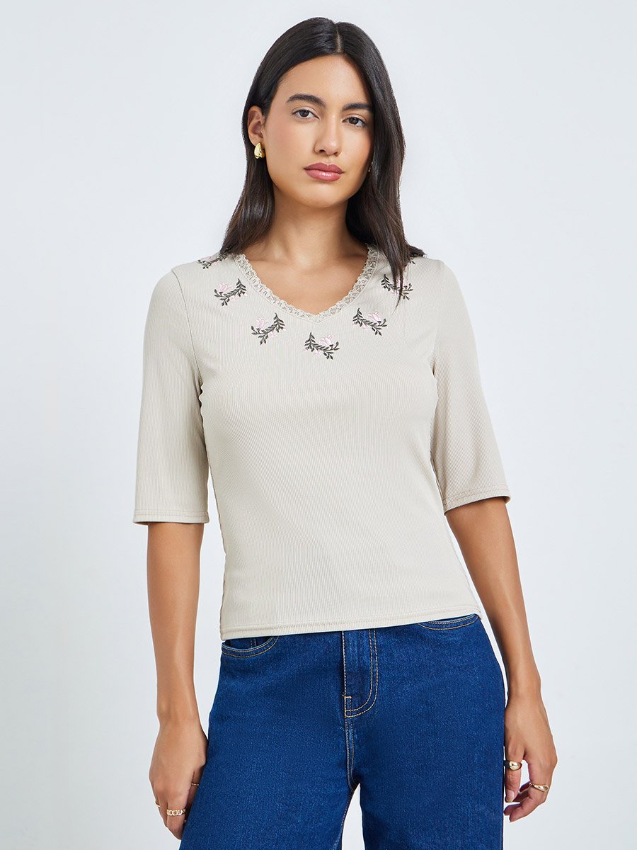 Beige Floral Lace Embroidery Fitted T-Shirt