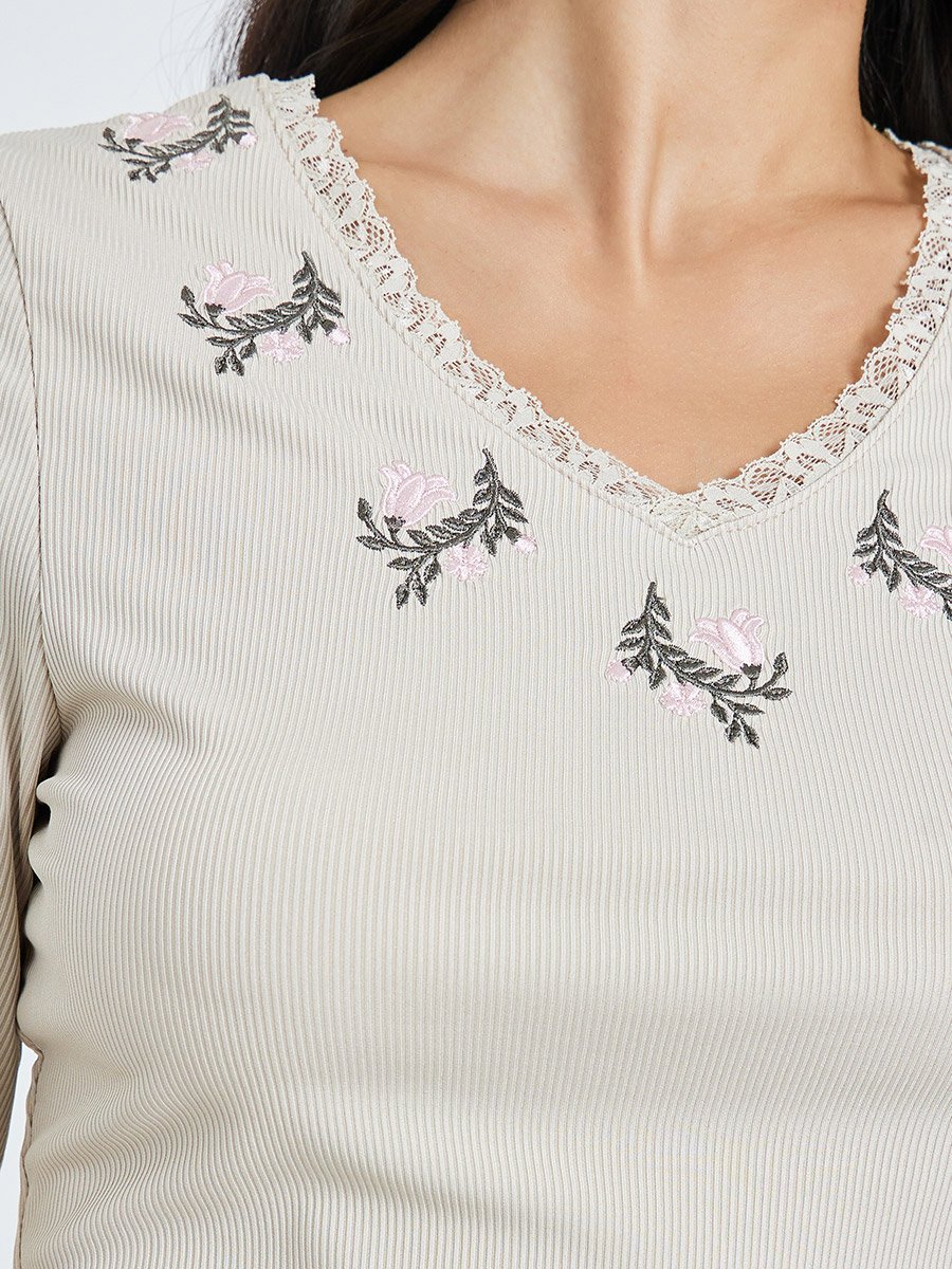 Beige Floral Lace Embroidery Fitted T-Shirt