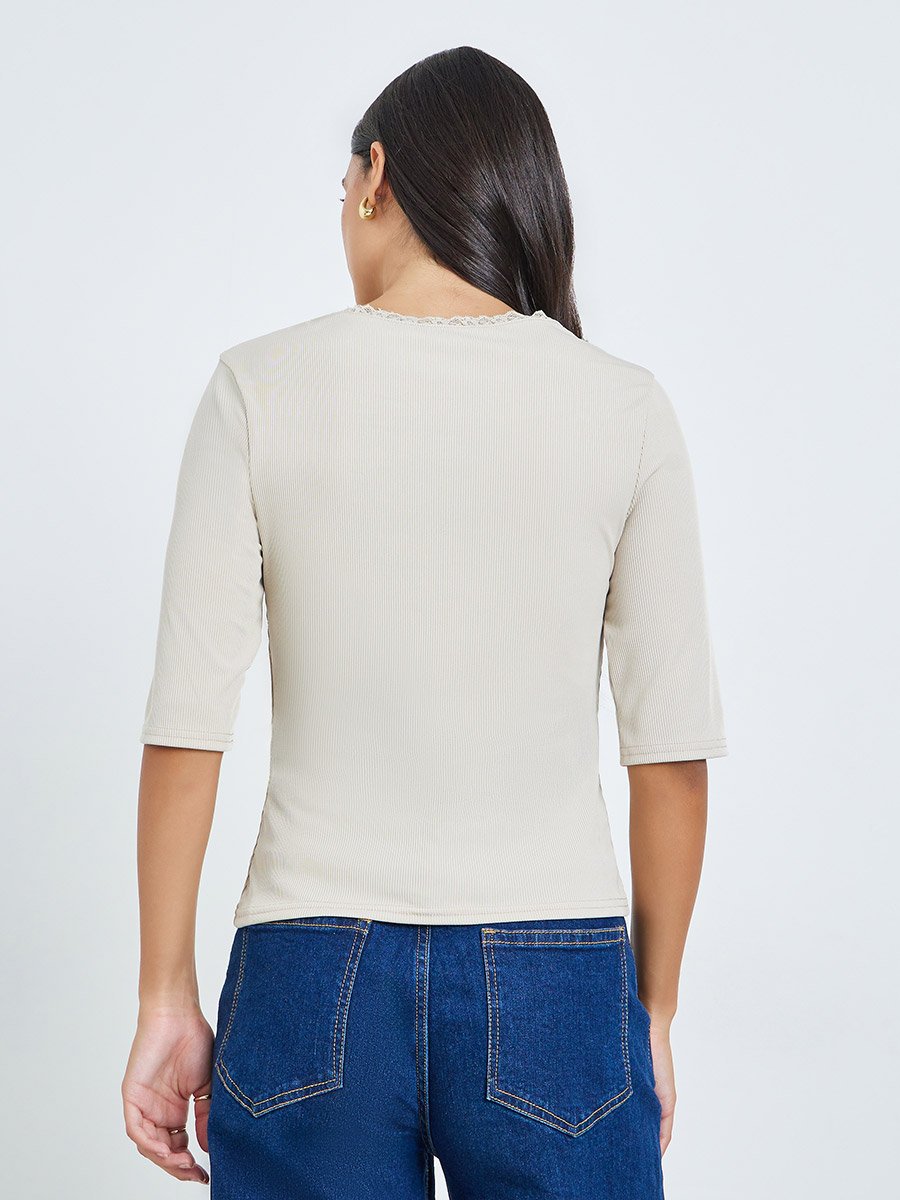 Beige Floral Lace Embroidery Fitted T-Shirt