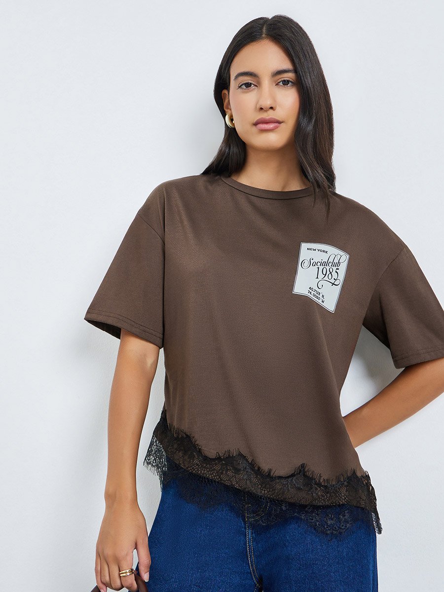 Brown Contrast Lace Hem Printed T-Shirt