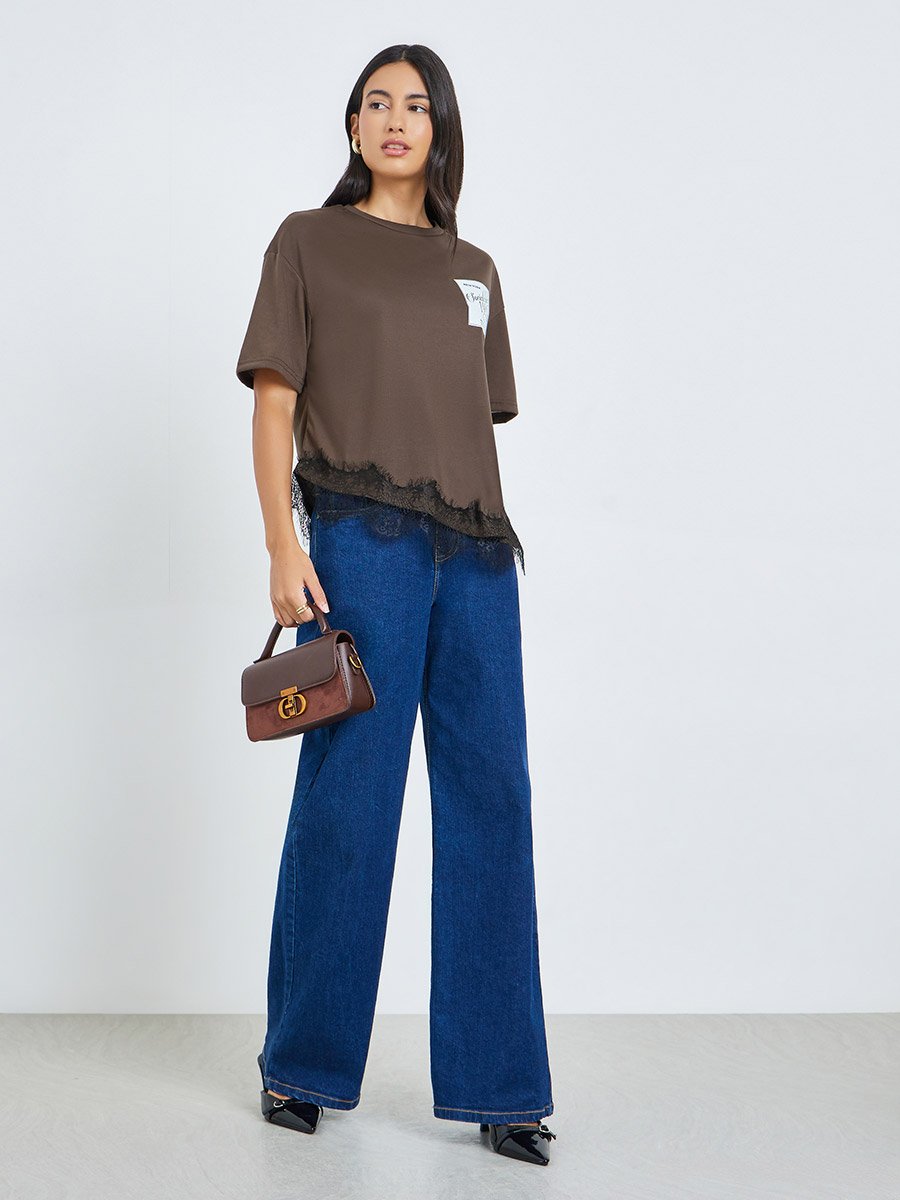 Brown Contrast Lace Hem Printed T-Shirt