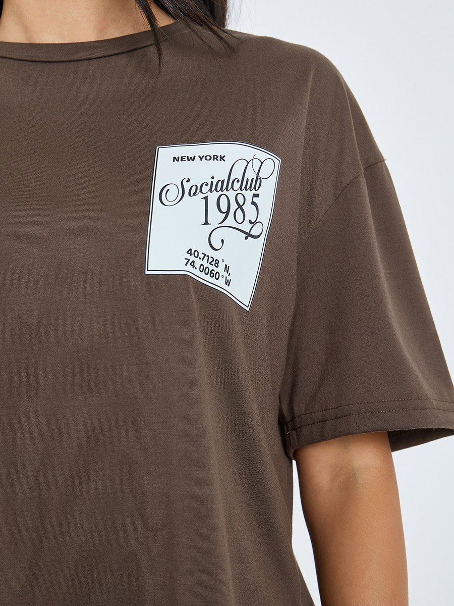 Brown Contrast Lace Hem Printed T-Shirt