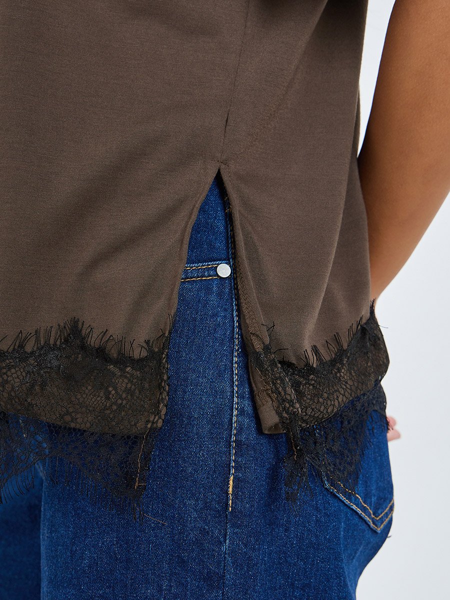 Brown Contrast Lace Hem Printed T-Shirt