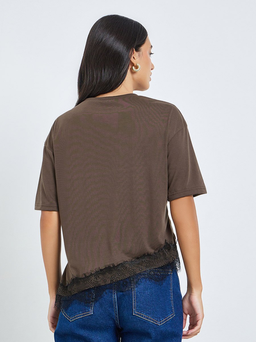 Brown Contrast Lace Hem Printed T-Shirt