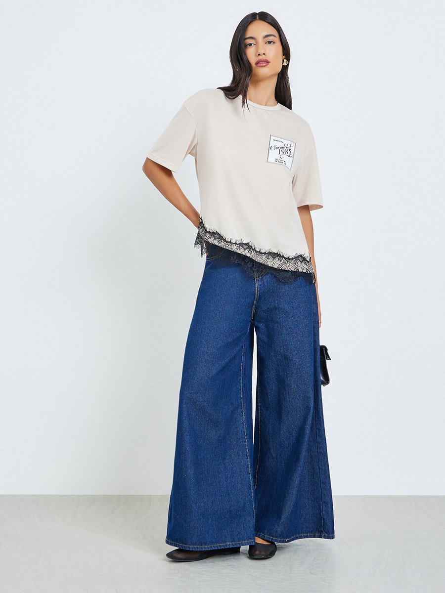 Cream Contrast Lace Hem Printed T-Shirt