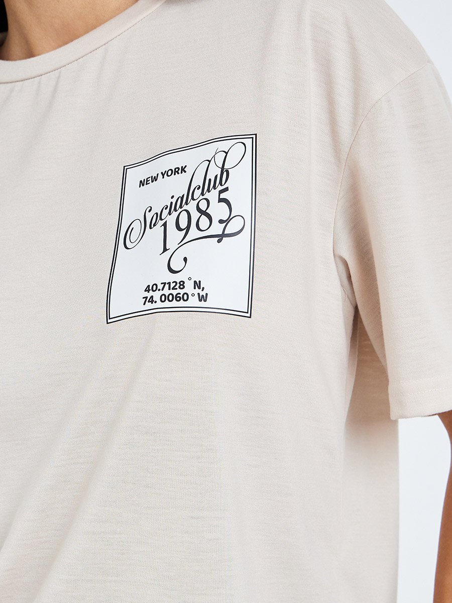 Cream Contrast Lace Hem Printed T-Shirt