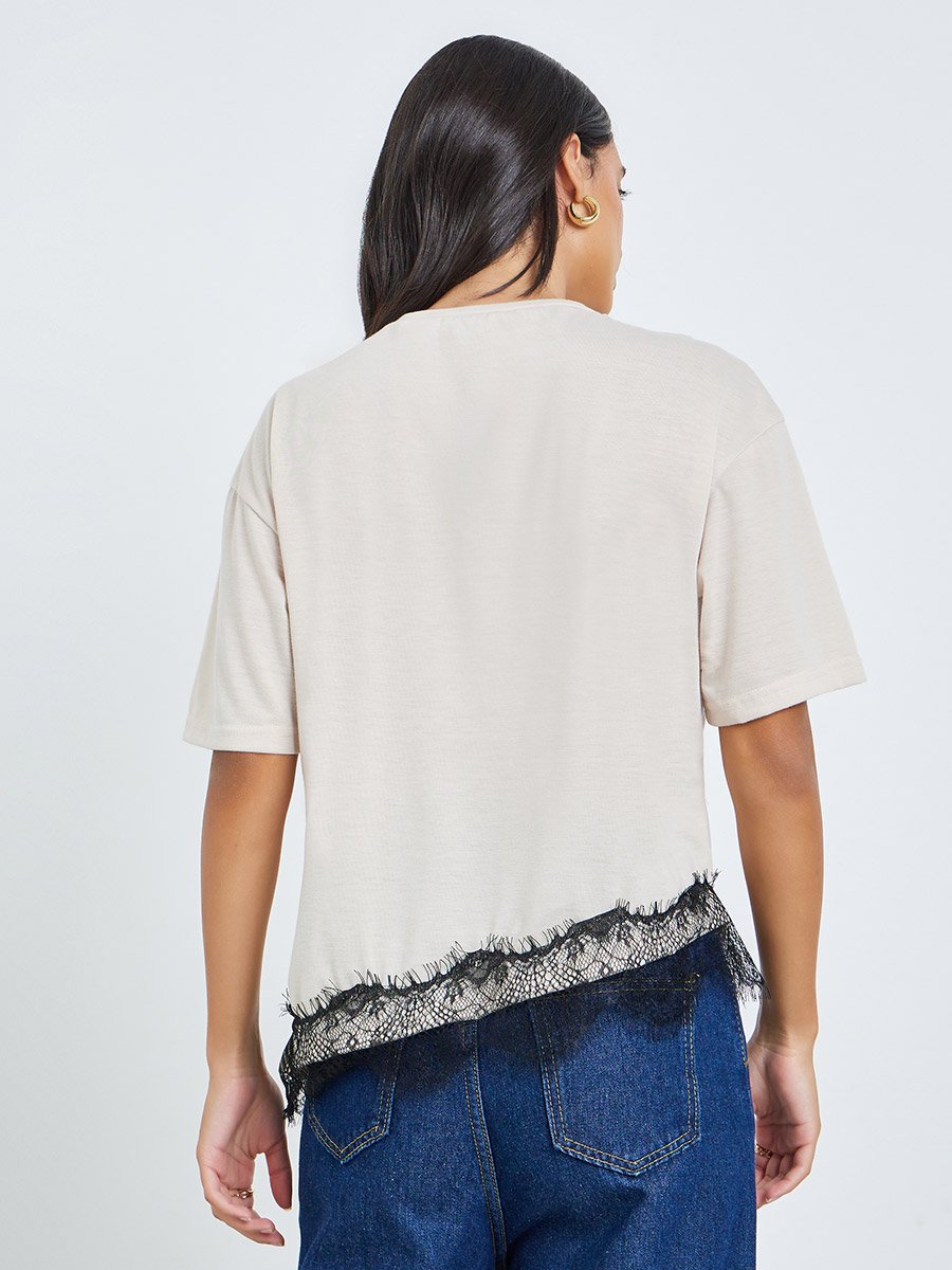 Cream Contrast Lace Hem Printed T-Shirt