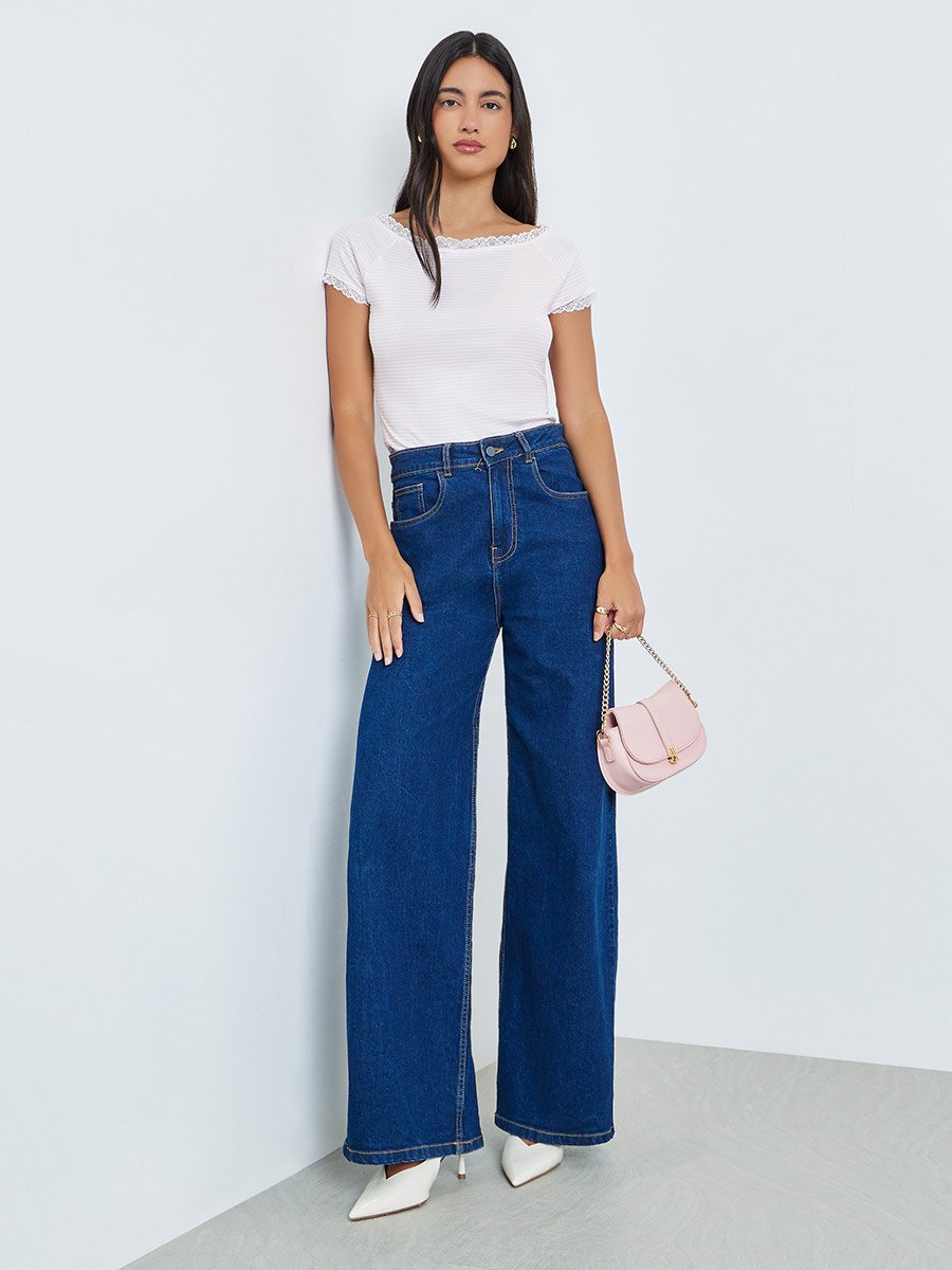 Pointelle Boat Neck Lace Trim T-Shirt