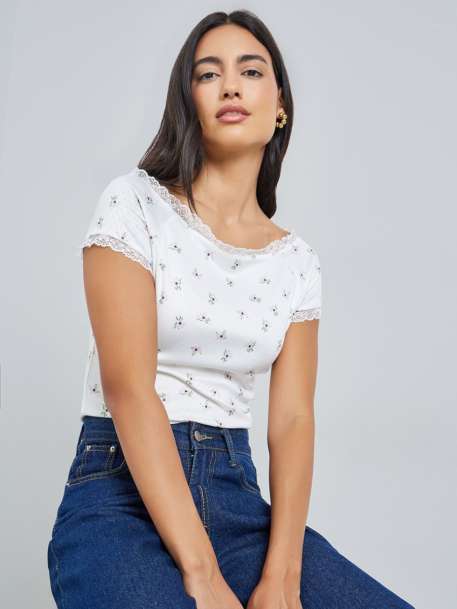 Pointelle Boat Neck Lace Trim T-Shirt