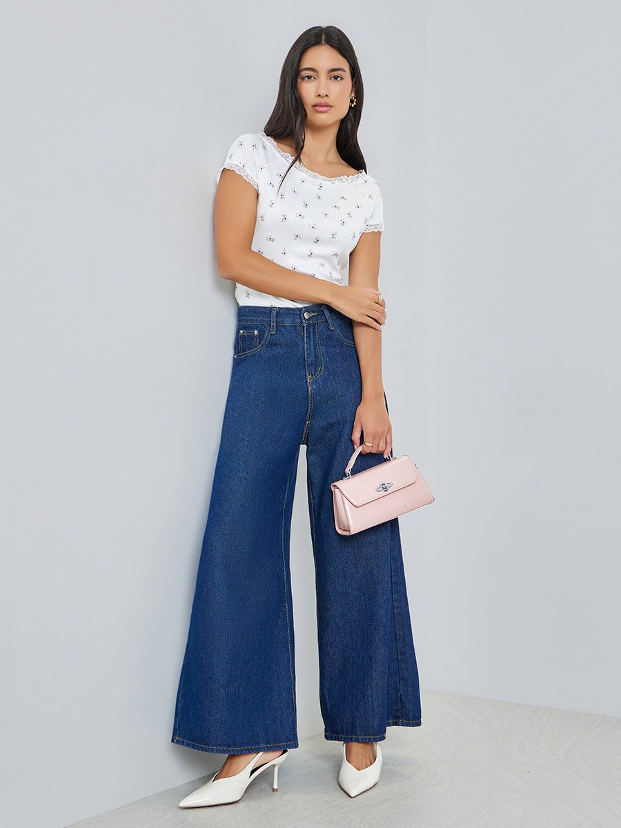 Pointelle Boat Neck Lace Trim T-Shirt