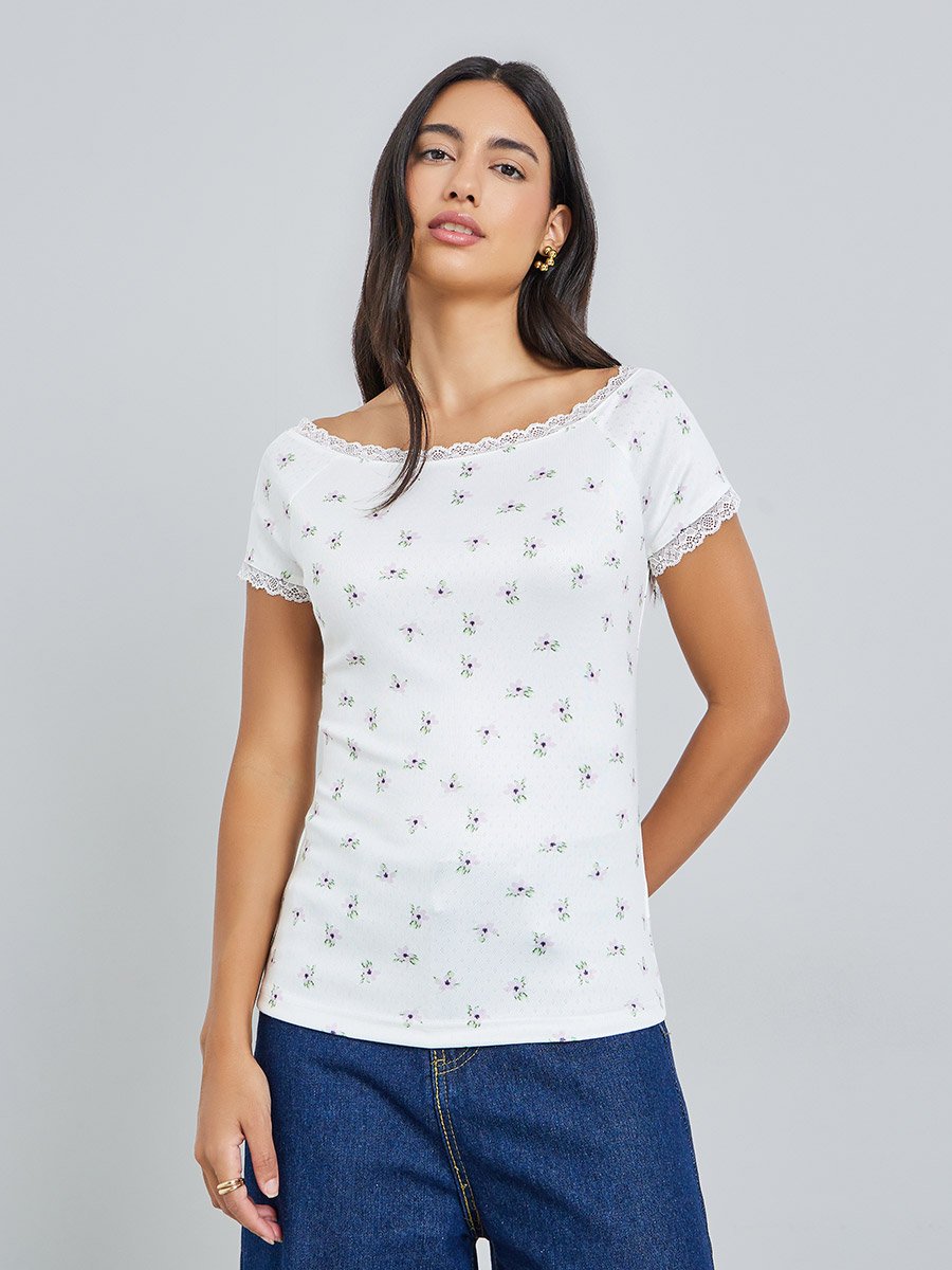 Pointelle Boat Neck Lace Trim T-Shirt
