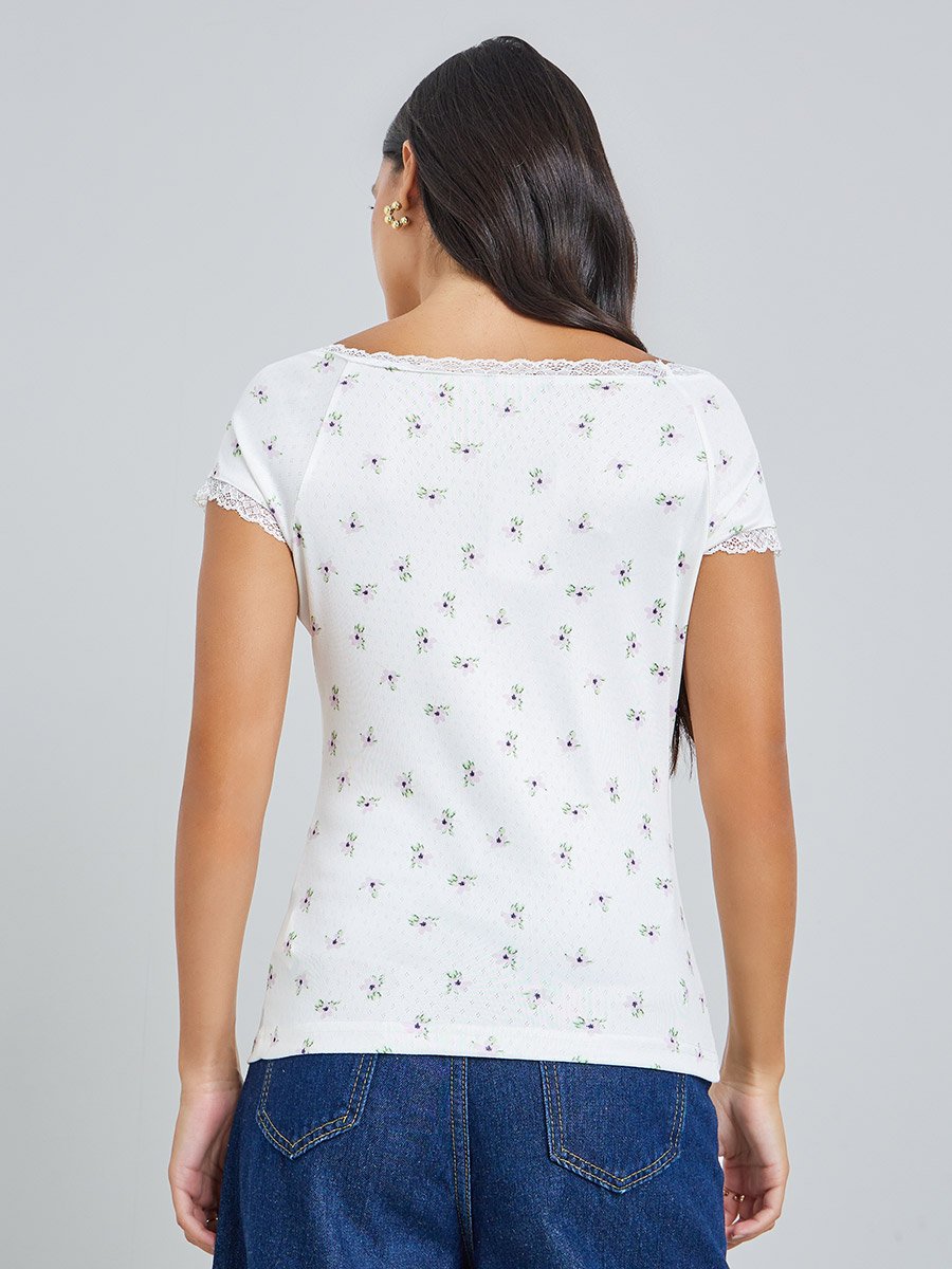 Pointelle Boat Neck Lace Trim T-Shirt