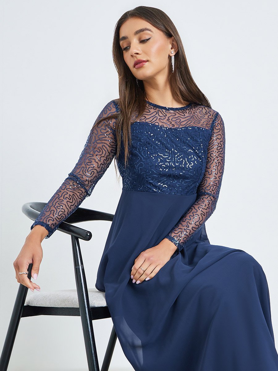 Navy Sequin Long Sleeve Maxi Dress