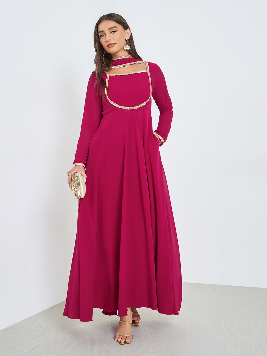 Pink Square Neck Mirror-Work Maxi Dress with Scarf