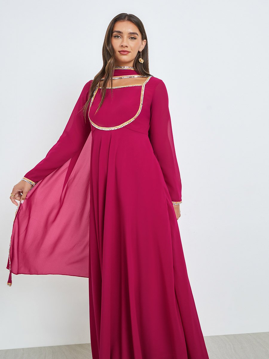 Pink Square Neck Mirror-Work Maxi Dress with Scarf