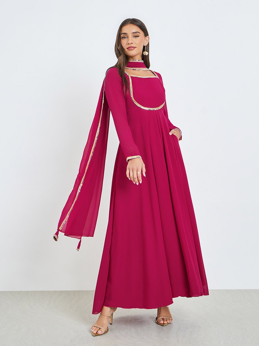 Pink Square Neck Mirror-Work Maxi Dress with Scarf