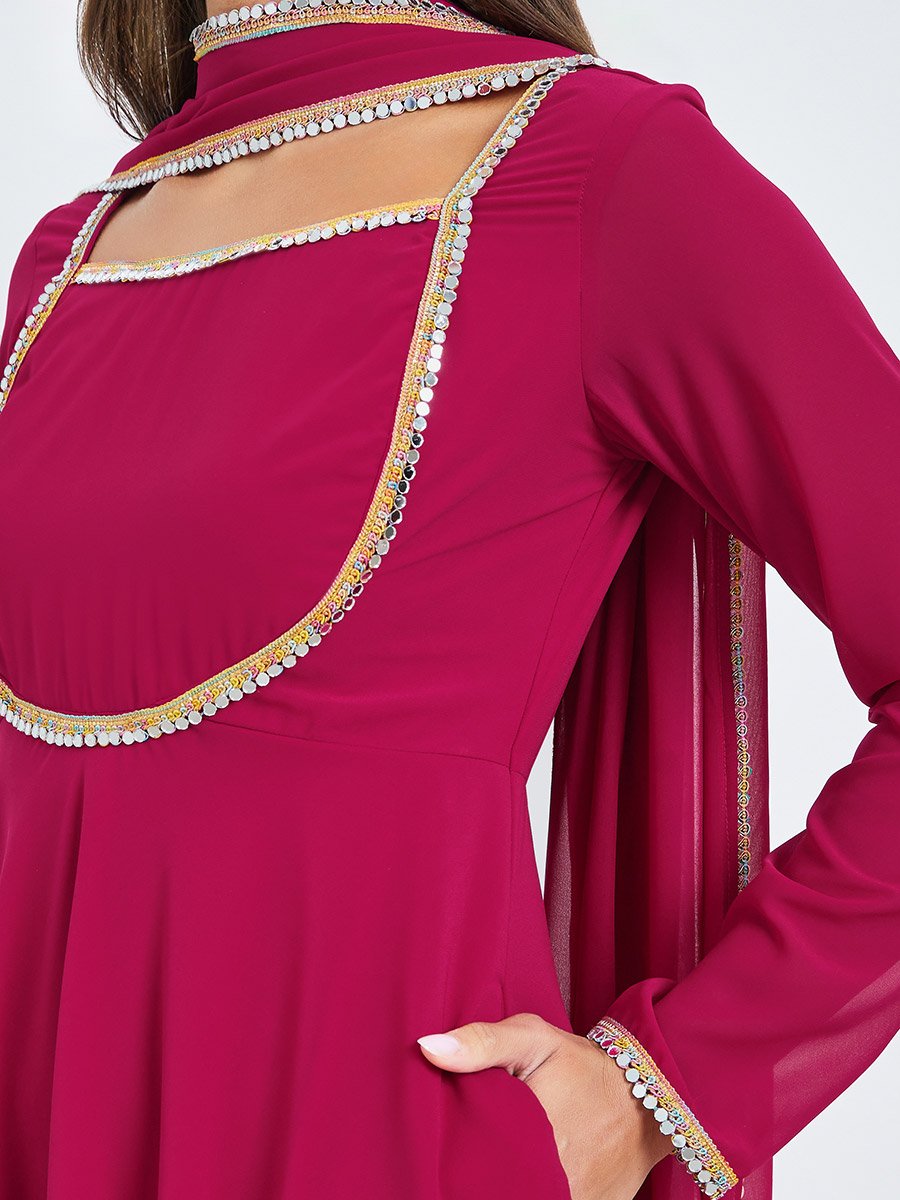 Pink Square Neck Mirror-Work Maxi Dress with Scarf