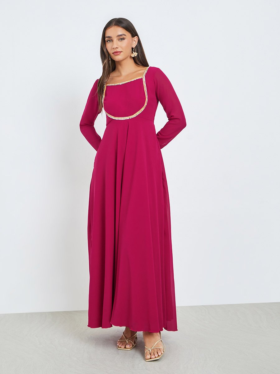 Pink Square Neck Mirror-Work Maxi Dress with Scarf