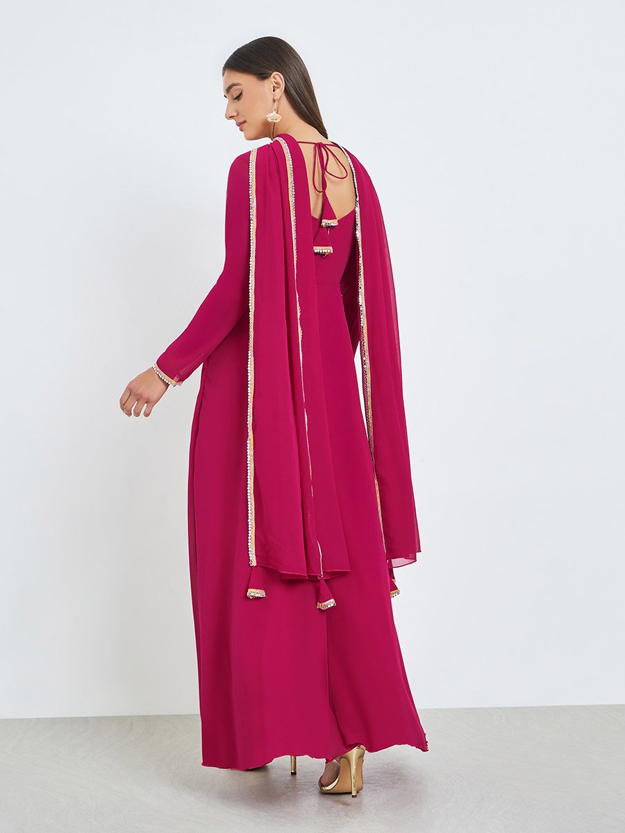 Pink Square Neck Mirror-Work Maxi Dress with Scarf
