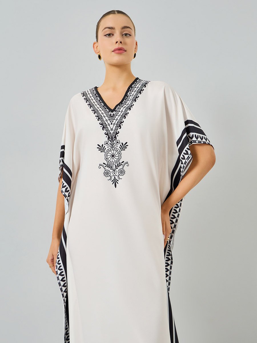 Beige Graphic Print V-Neck Kaftan