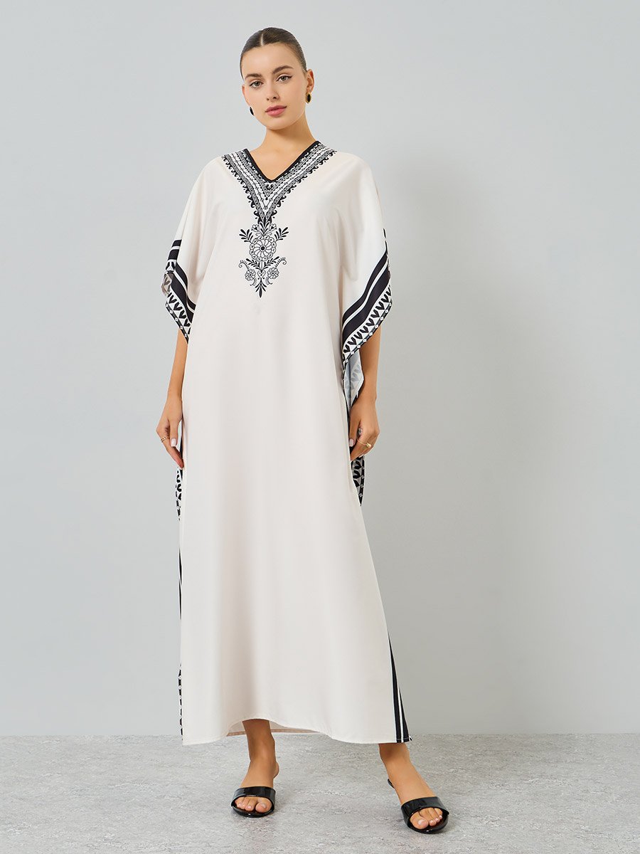 Beige Graphic Print V-Neck Kaftan