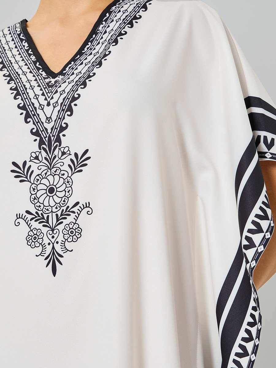 Beige Graphic Print V-Neck Kaftan