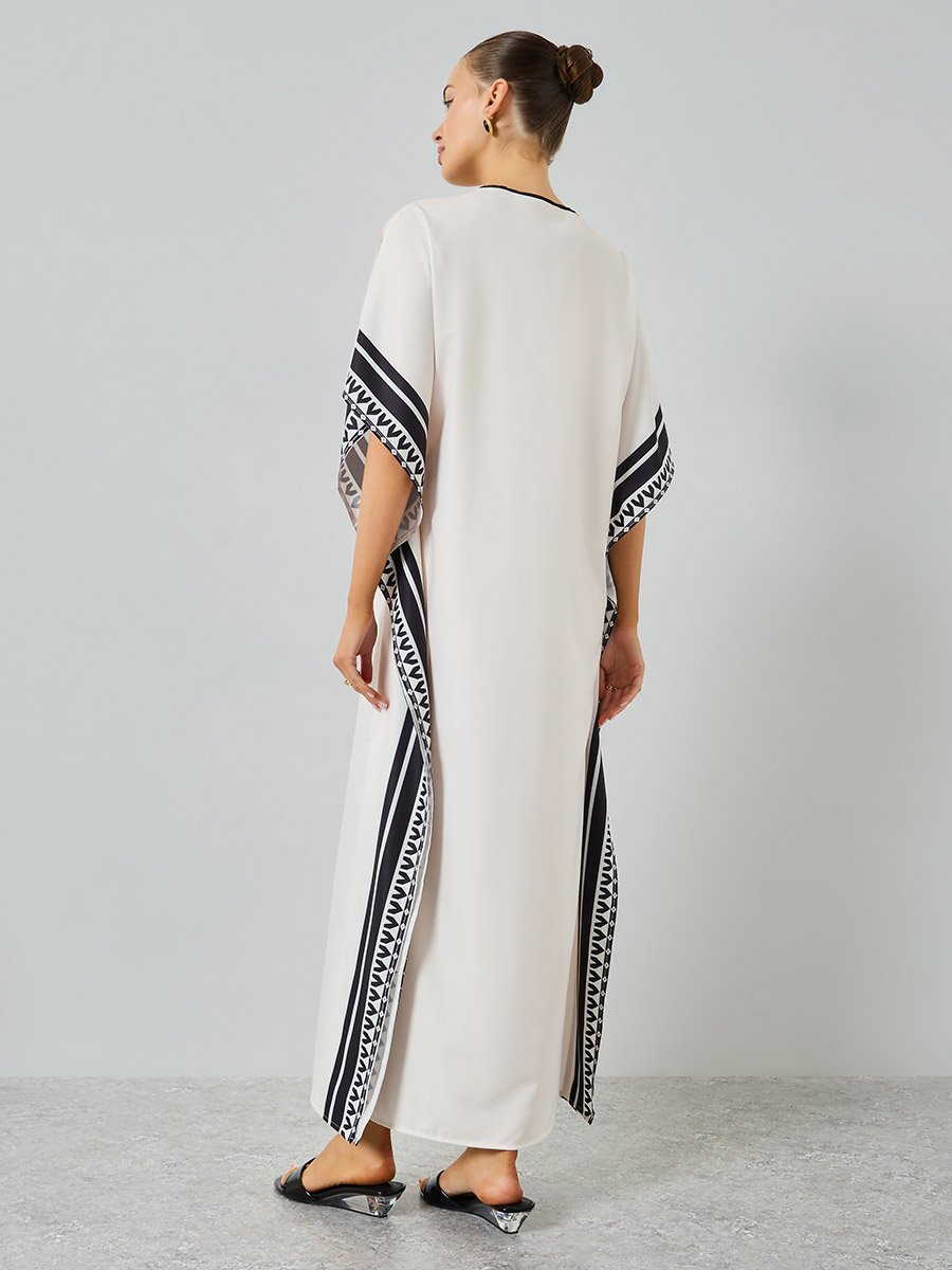 Beige Graphic Print V-Neck Kaftan