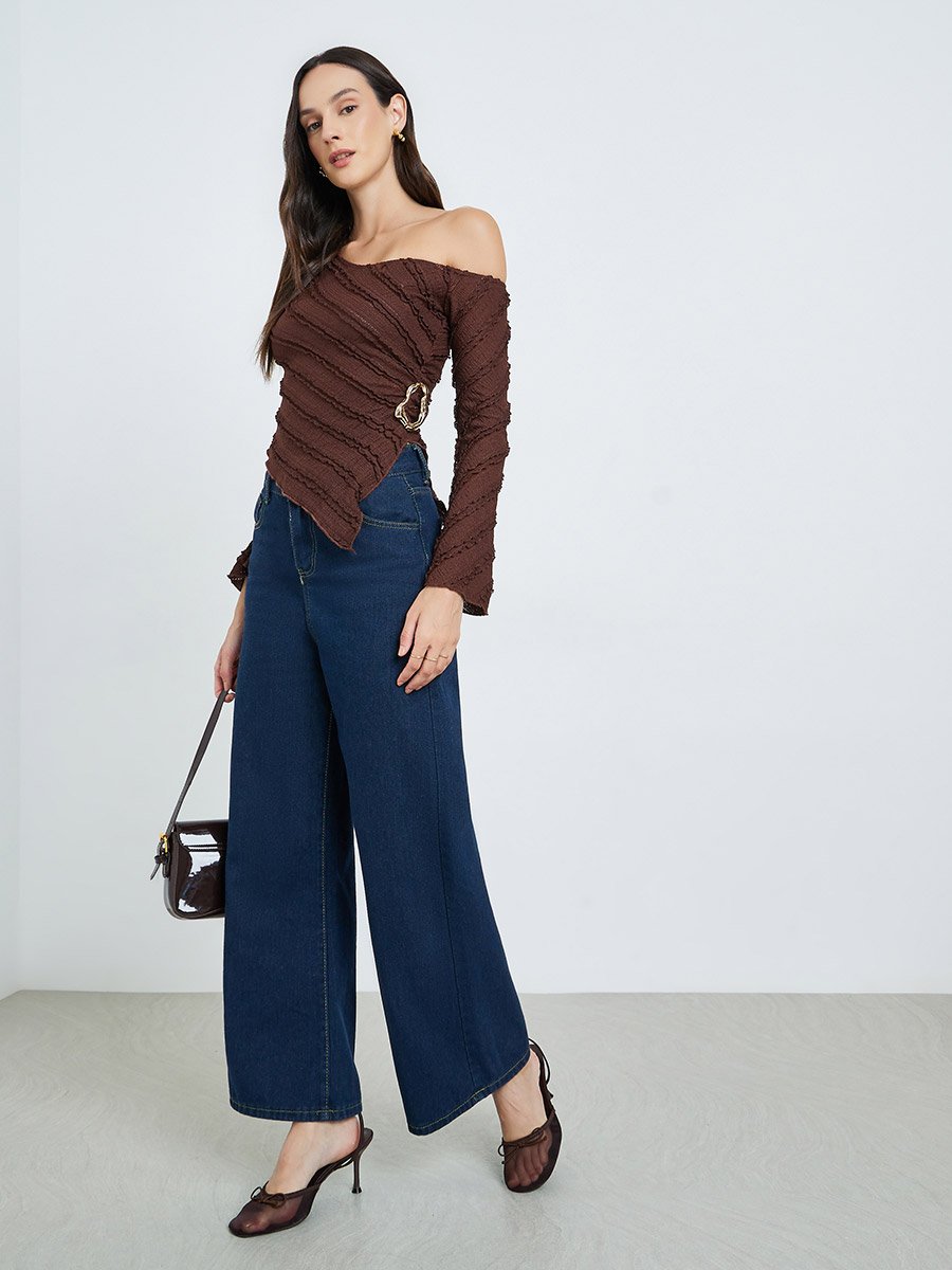 Brown Textured One-Shoulder Top