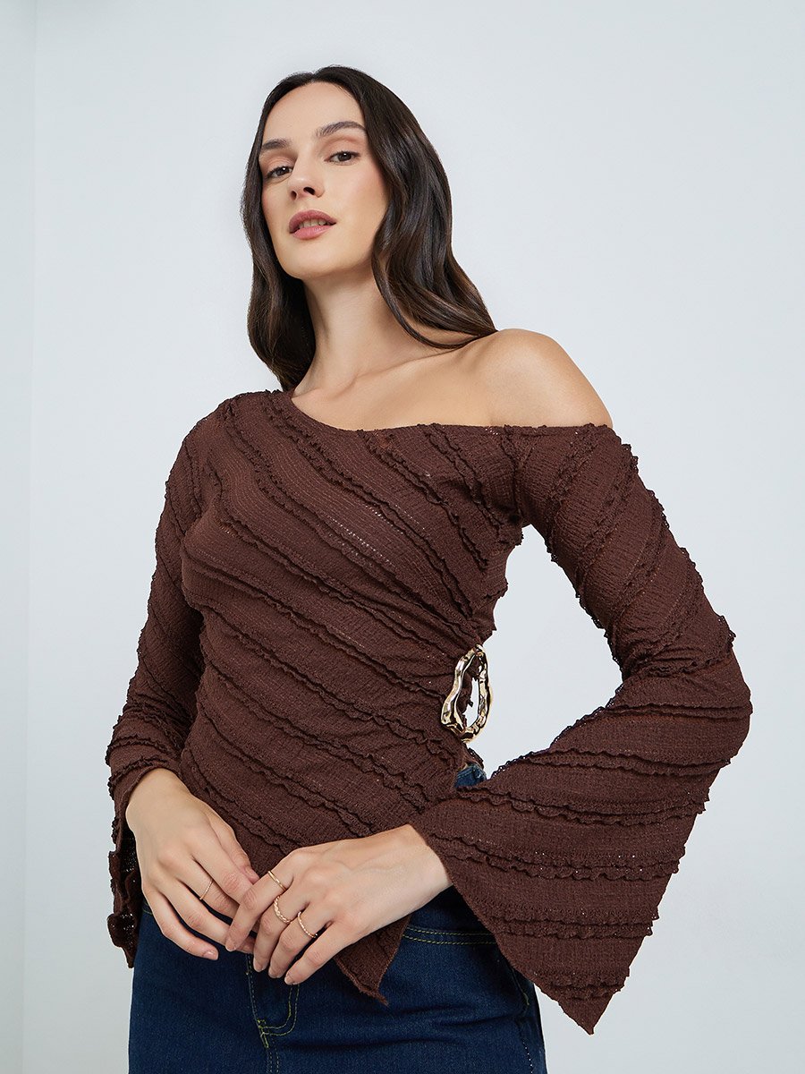 Brown Textured One-Shoulder Top