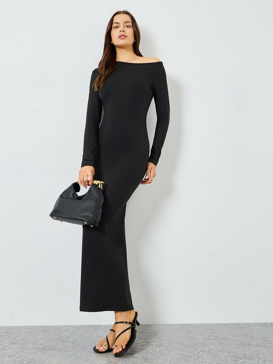 Black One Shoulder Neck Bodycon Maxi Dress