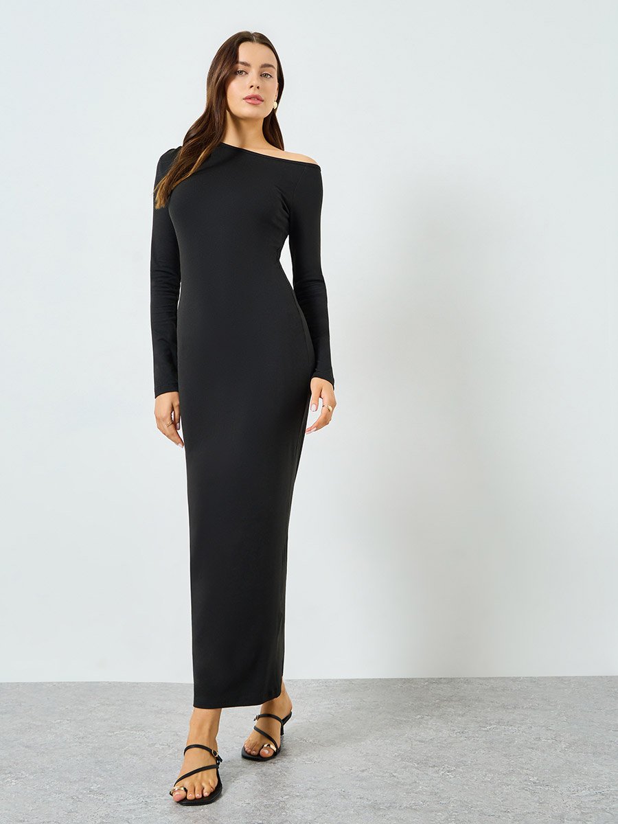 Black One Shoulder Neck Bodycon Maxi Dress