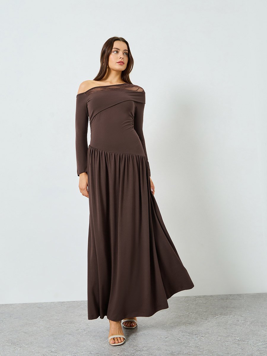 Brown One Shoulder Gathered Detail Maxi Dress