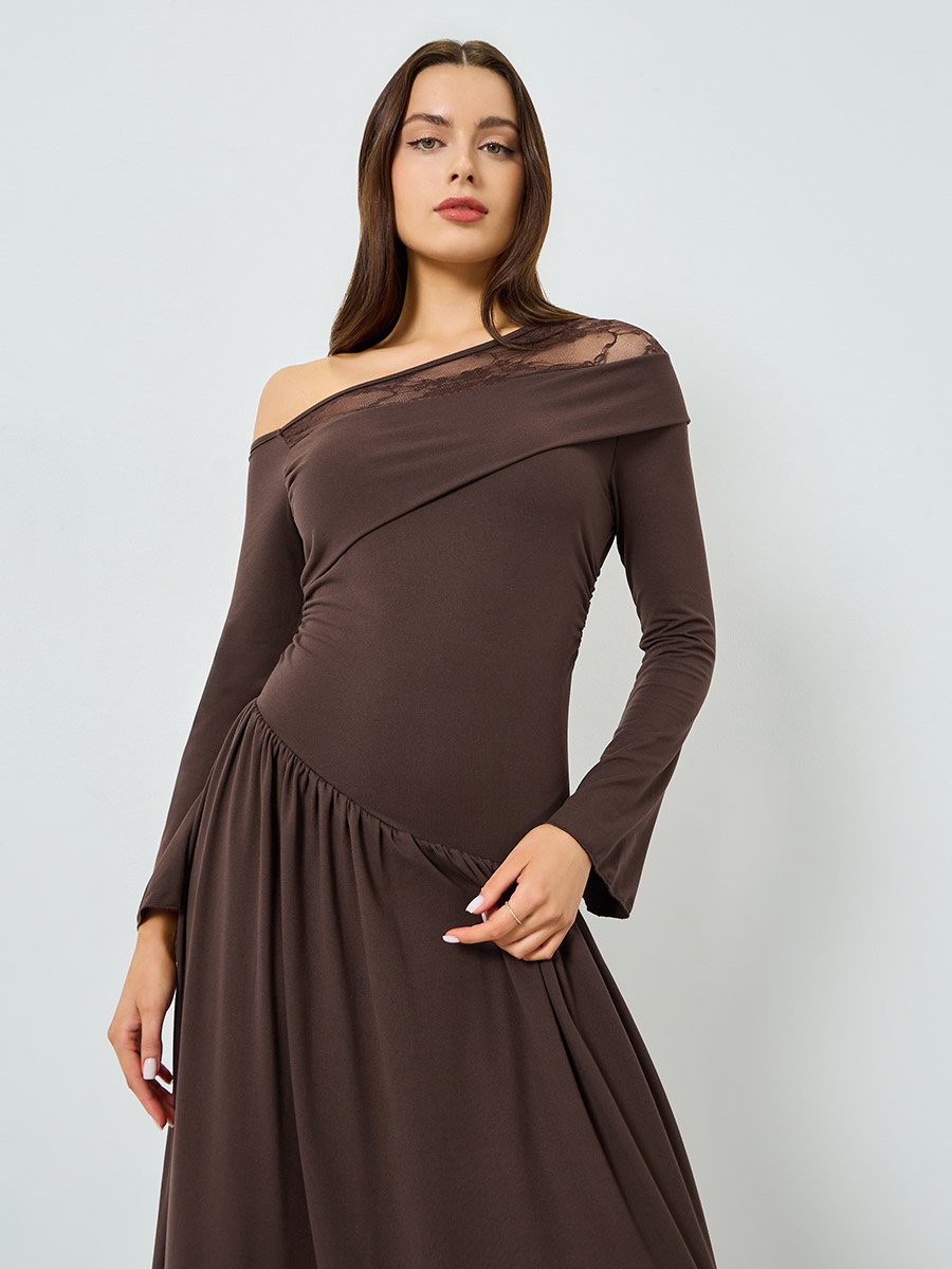 Brown One Shoulder Gathered Detail Maxi Dress