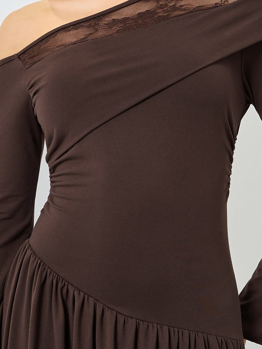 Brown One Shoulder Gathered Detail Maxi Dress