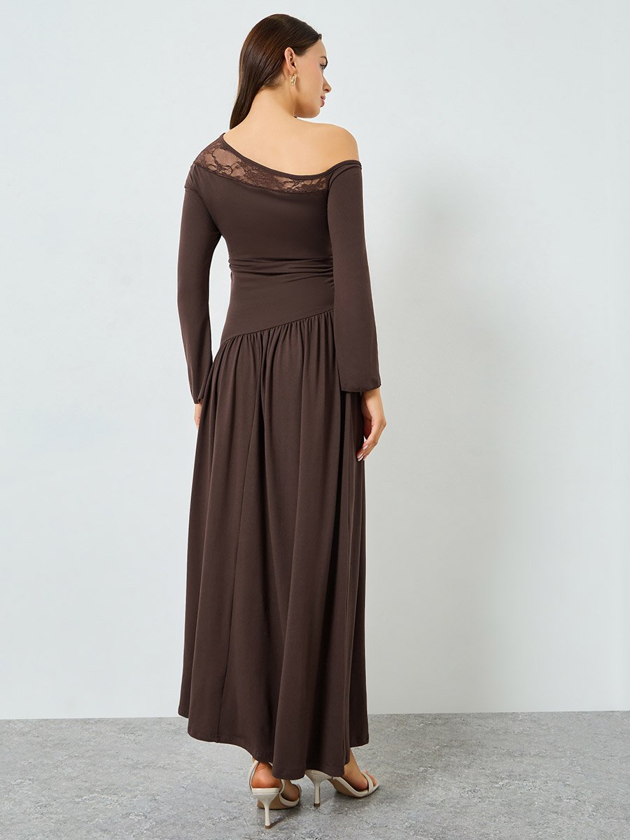 Brown One Shoulder Gathered Detail Maxi Dress