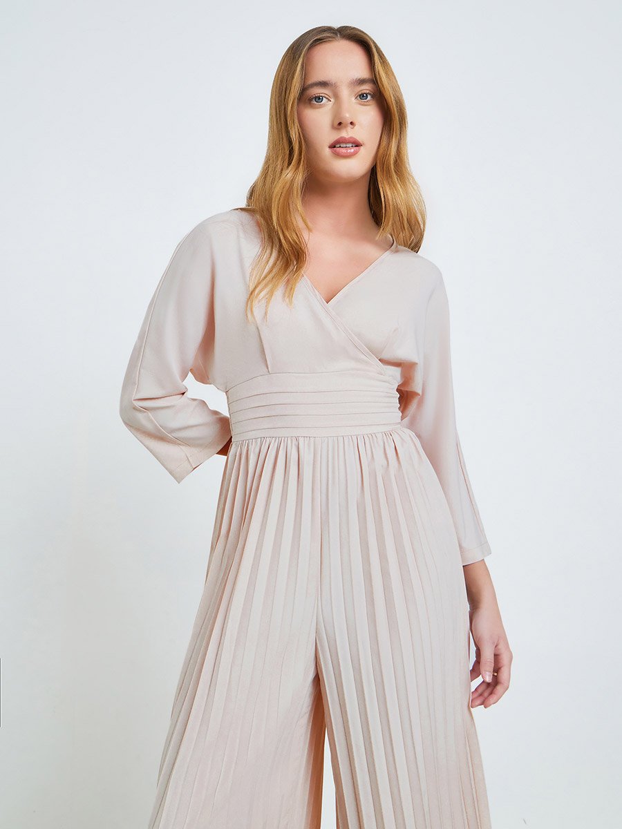 Beige Wide Leg Pleated Jumpsuit
