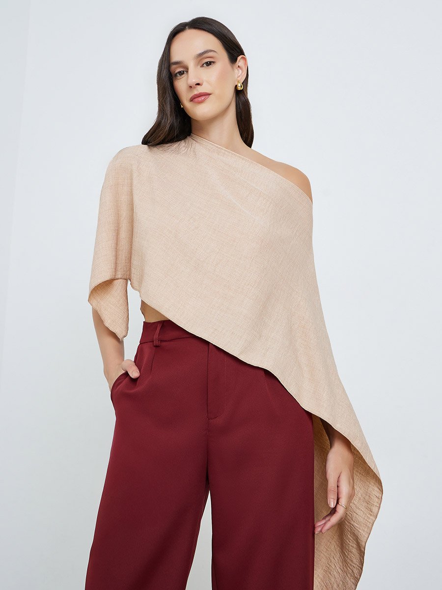 Beige One-Shoulder Cape Detail Blouse