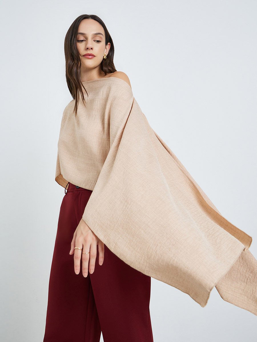Beige One-Shoulder Cape Detail Blouse
