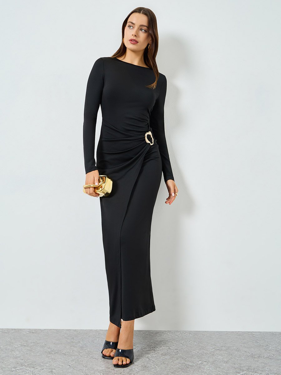 Black Buckle Detail Bodycon Maxi Dress