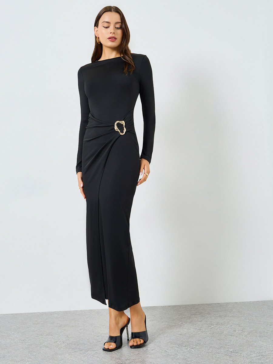 Black Buckle Detail Bodycon Maxi Dress