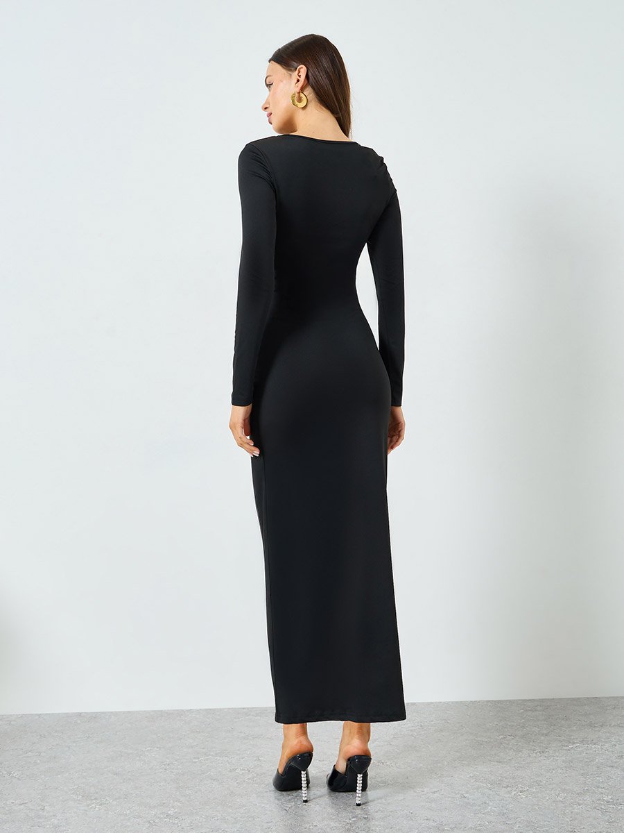 Black Buckle Detail Bodycon Maxi Dress For Women at Bahrain | Styli