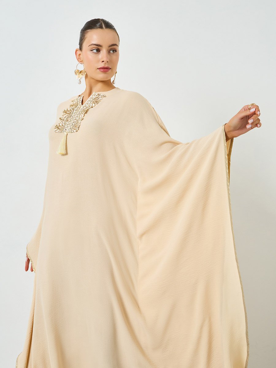Beige Embroidered Tassel Detail Kaftan