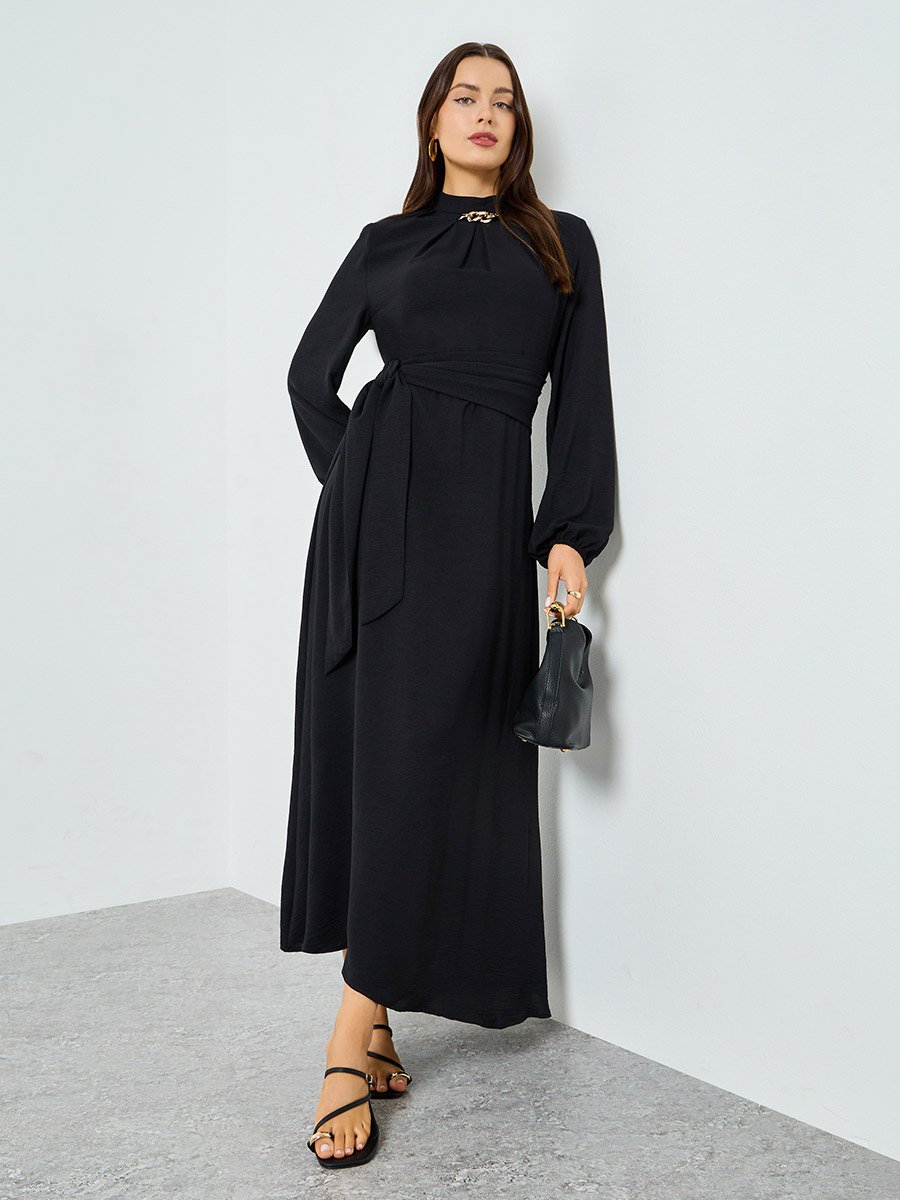 Black Pleated Detail Balloon Sleeve Maxi Dress