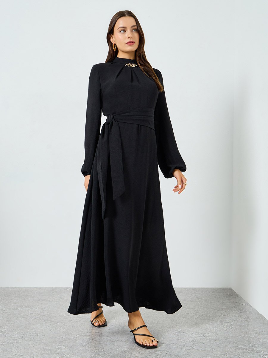 Black Pleated Detail Balloon Sleeve Maxi Dress