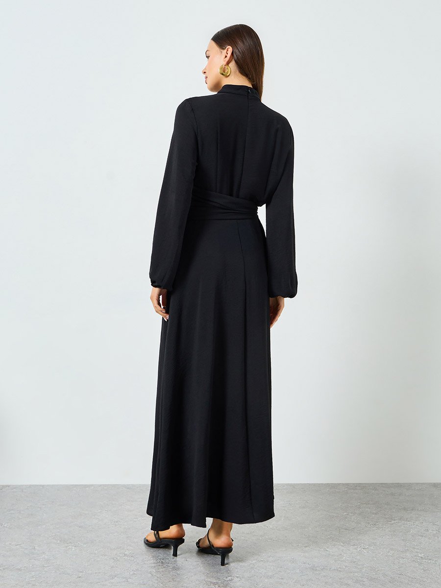 Black Pleated Detail Balloon Sleeve Maxi Dress