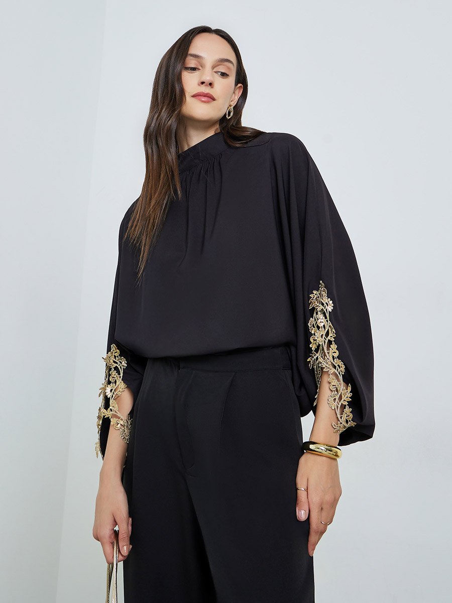 Black Lace Detail Slit Sleeve Blouse